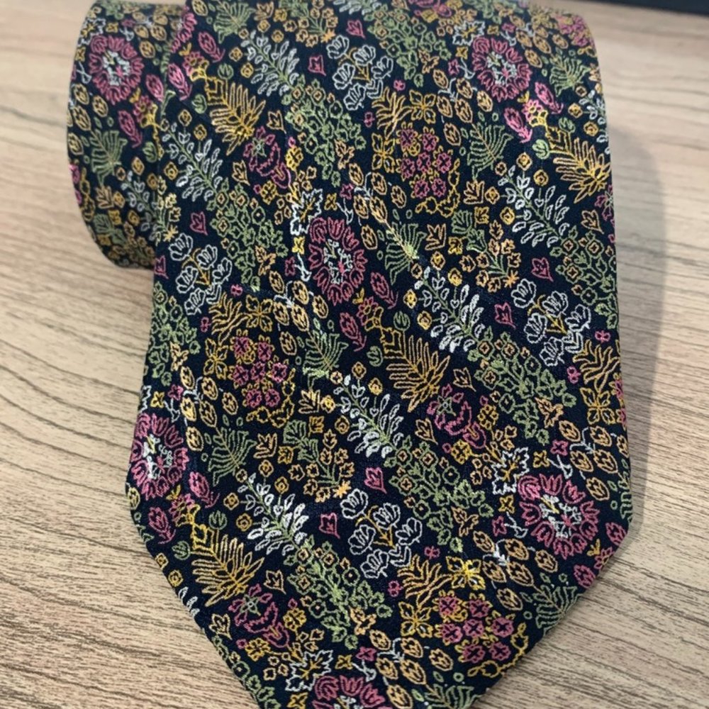 BRIONI Floral Metallic Pink Gold Blue Silk Neck Tie